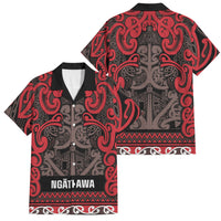 Aotearoa Iwi Ngati Awa Family Matching Tank Maxi Dress and Hawaiian Shirt Maori Wharenui House Tribal Pattern LT9 Dad's Shirt - Short Sleeve Red - Polynesian Pride