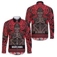 Aotearoa Iwi Ngati Awa Family Matching Tank Maxi Dress and Hawaiian Shirt Maori Wharenui House Tribal Pattern LT9 Dad's Shirt - Long Sleeve Red - Polynesian Pride