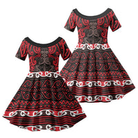 Aotearoa Iwi Ngati Awa Family Matching Tank Maxi Dress and Hawaiian Shirt Maori Wharenui House Tribal Pattern LT9 Daughter's Dress Red - Polynesian Pride
