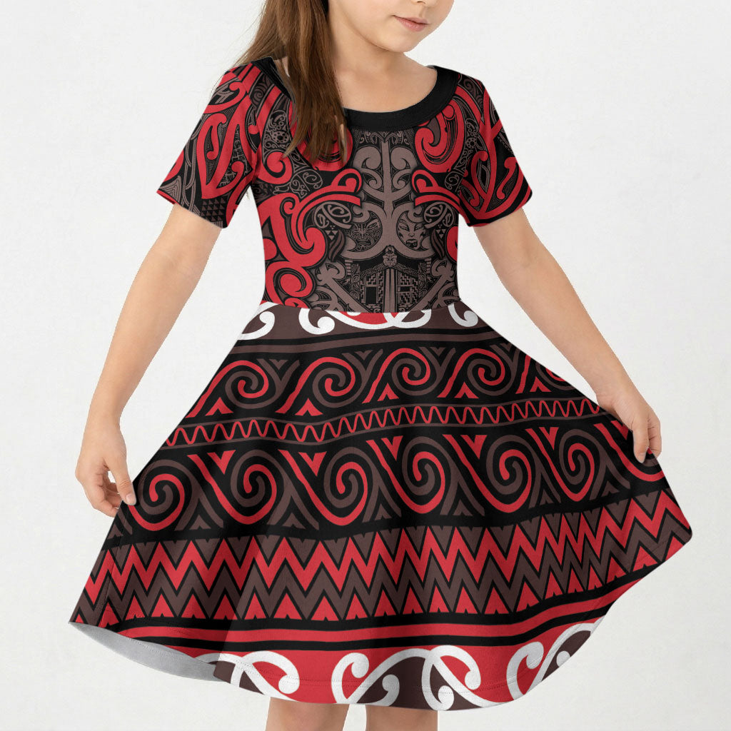 Aotearoa Iwi Ngati Awa Kid Short Sleeve Dress Maori Wharenui House Tribal Pattern LT9 KID Red - Polynesian Pride