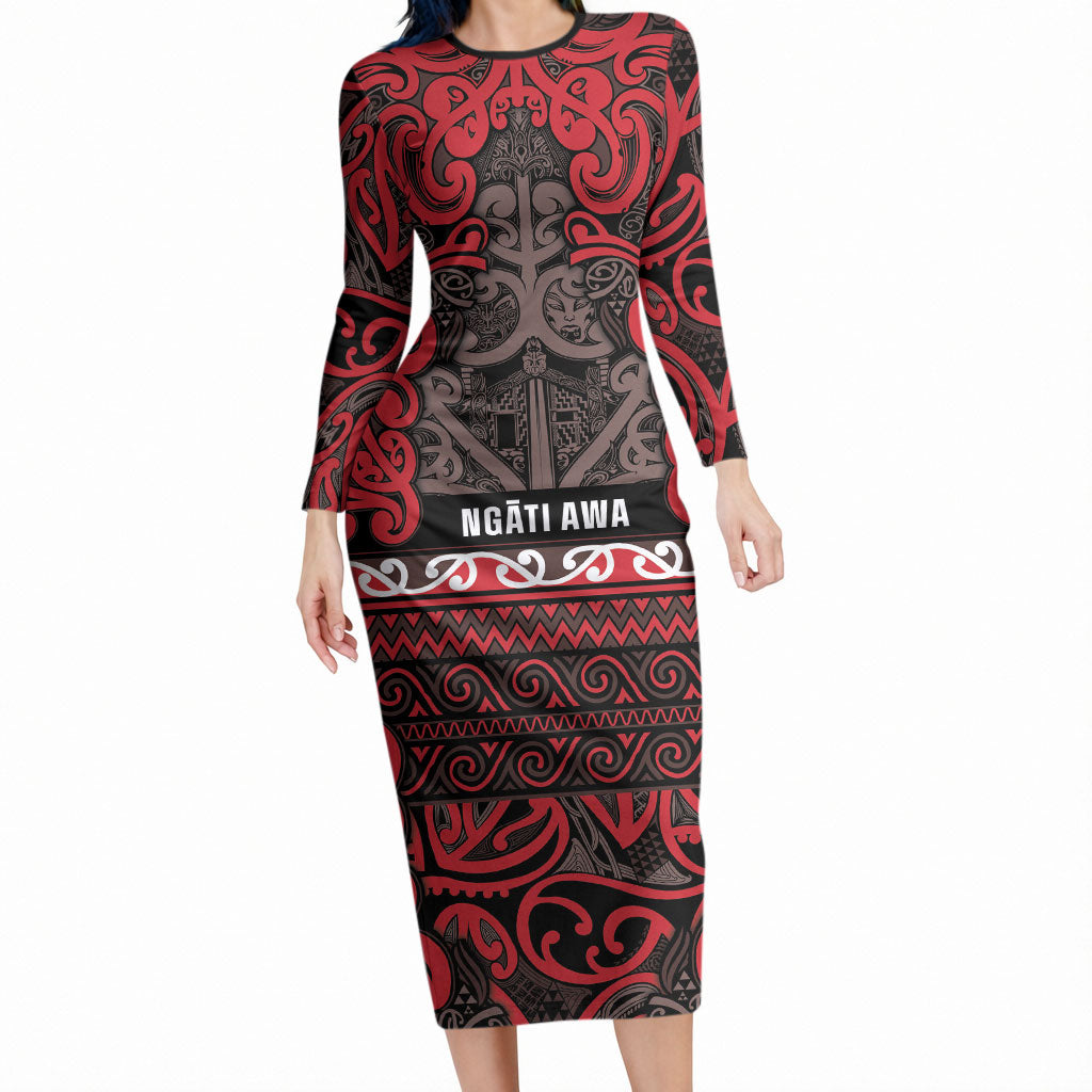 Aotearoa Iwi Ngati Awa Long Sleeve Bodycon Dress Maori Wharenui House Tribal Pattern LT9 Long Dress Red - Polynesian Pride