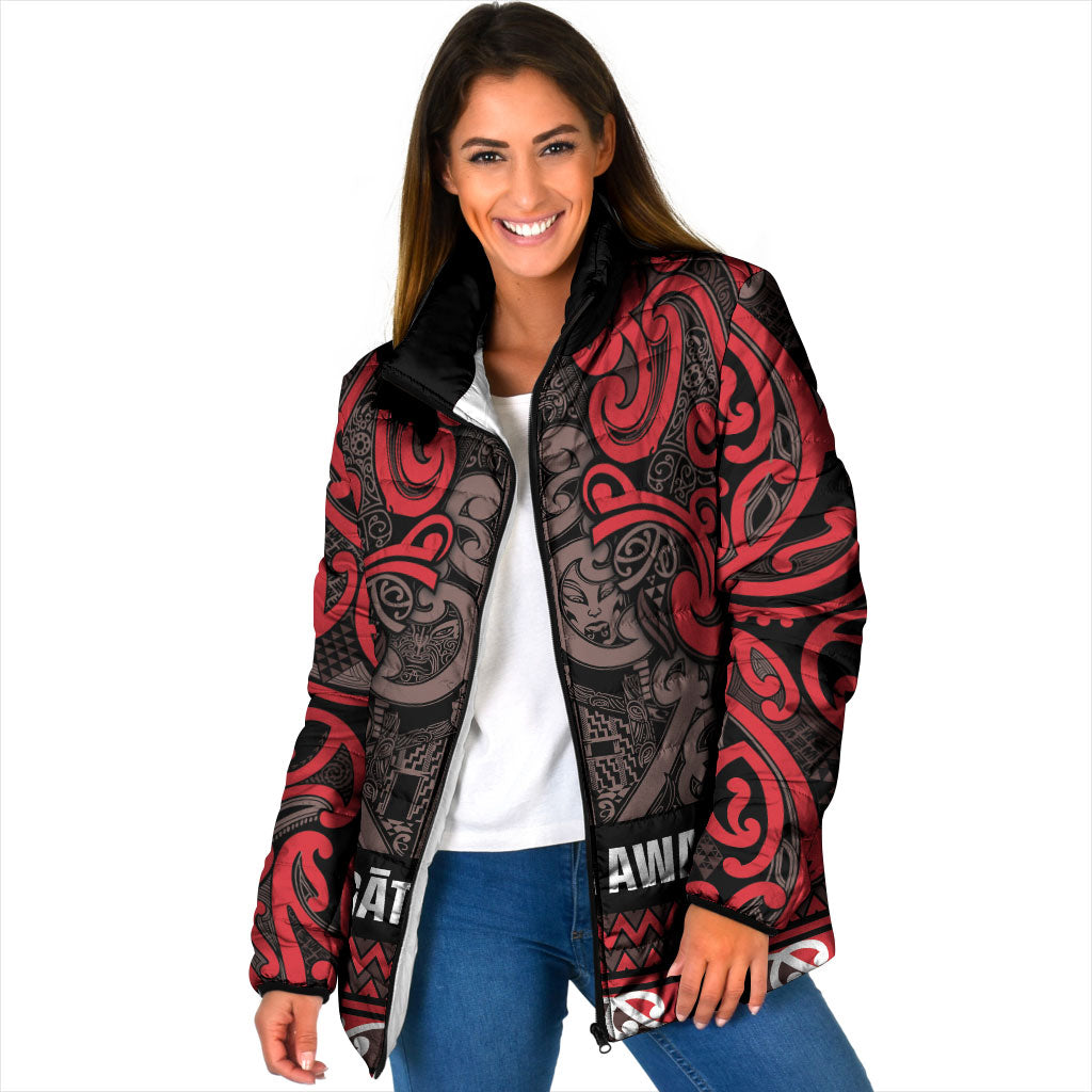 Aotearoa Iwi Ngati Awa Padded Jacket Maori Wharenui House Tribal Pattern LT9 Women Red - Polynesian Pride