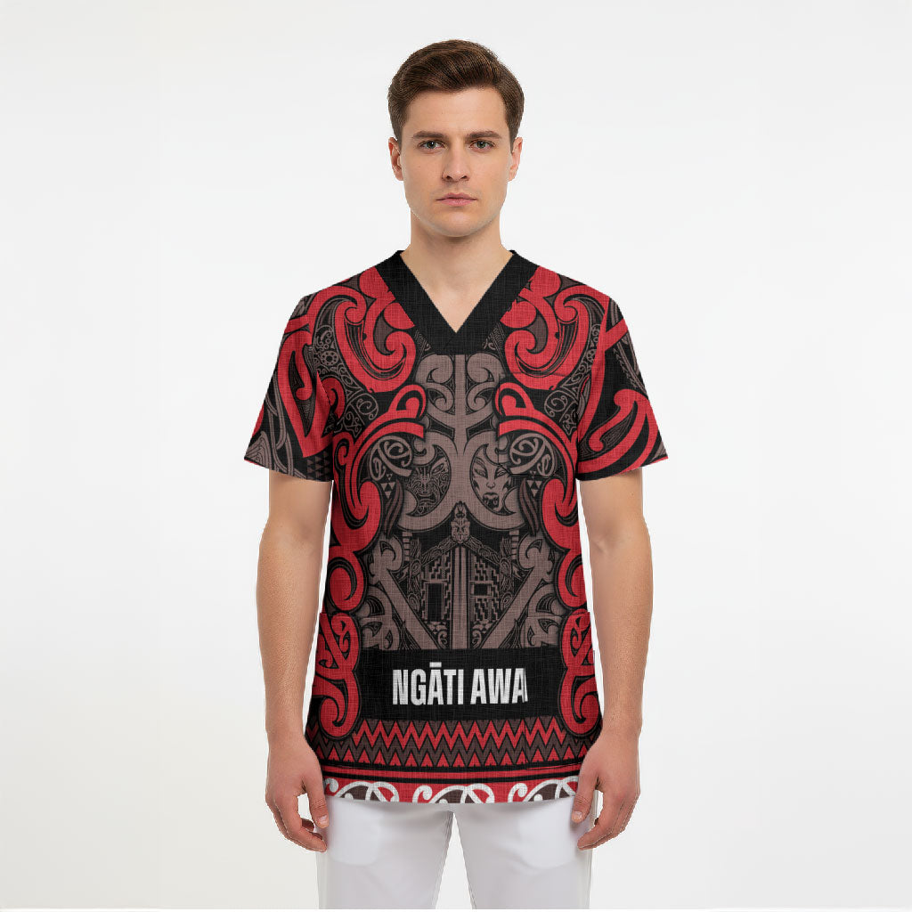 Aotearoa Iwi Ngati Awa Scrub Top Maori Wharenui House Tribal Pattern LT9 - Polynesian Pride