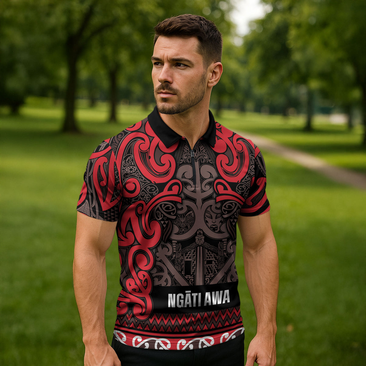 Aotearoa Iwi Ngati Awa Zipper Polo Shirt Maori Wharenui House Tribal Pattern LT9 - Polynesian Pride