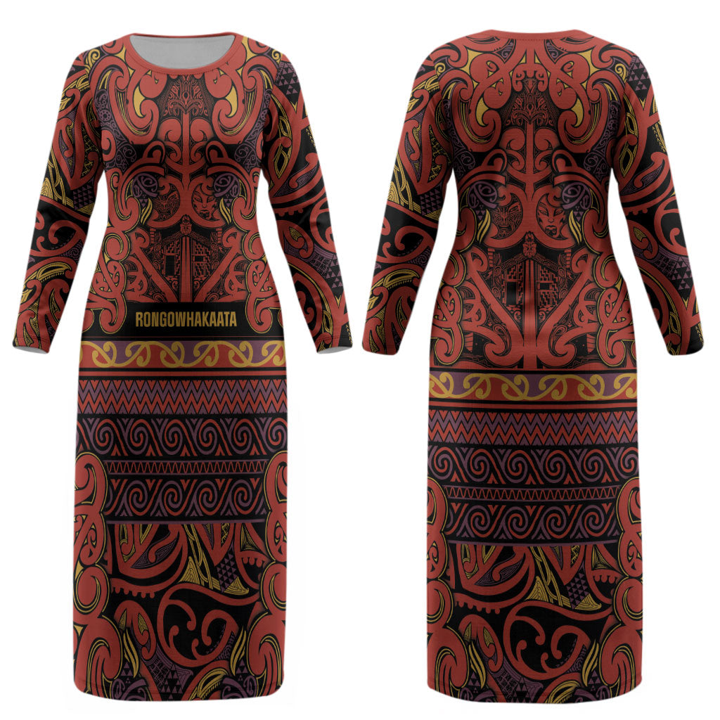 Aotearoa Iwi Rongowhakaata Couples Matching Long Sleeve Bodycon Dress and Long Sleeve Button Shirt Maori Wharenui House Tribal Pattern LT9 - Polynesian Pride