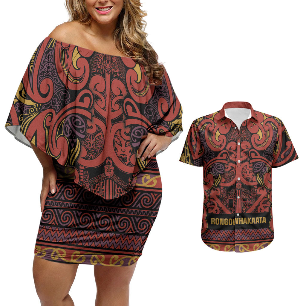 Aotearoa Iwi Rongowhakaata Couples Matching Off Shoulder Short Dress and Hawaiian Shirt Maori Wharenui House Tribal Pattern LT9 Brick Red - Polynesian Pride
