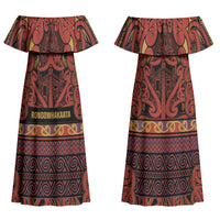 Aotearoa Iwi Rongowhakaata Family Matching Off Shoulder Maxi Dress and Hawaiian Shirt Maori Wharenui House Tribal Pattern LT9 Mom's Dress Brick Red - Polynesian Pride