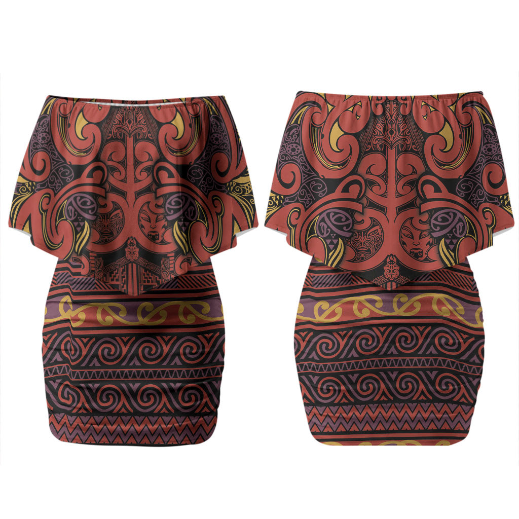 Aotearoa Iwi Rongowhakaata Family Matching Off Shoulder Short Dress and Hawaiian Shirt Maori Wharenui House Tribal Pattern LT9 Mom's Dress Brick Red - Polynesian Pride