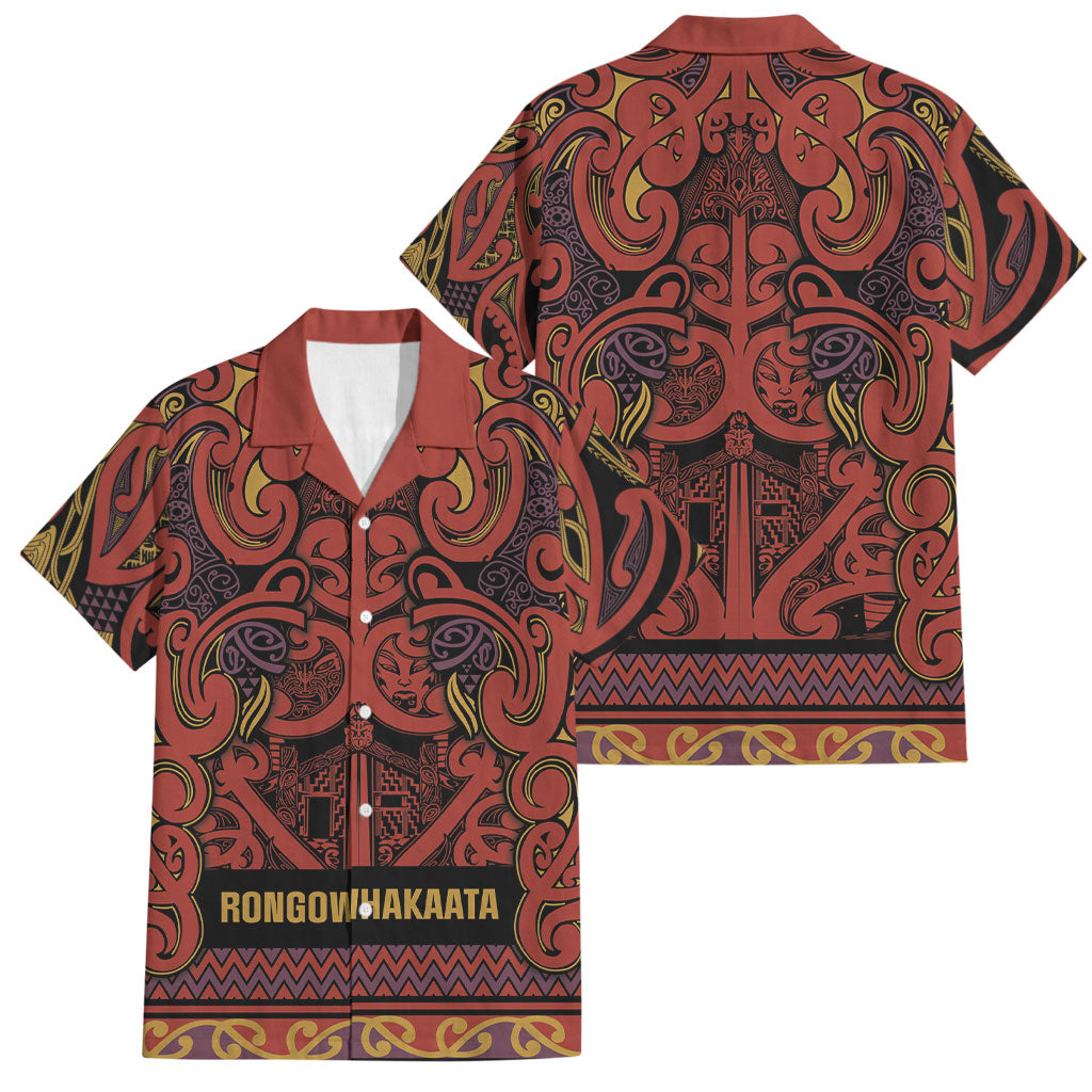 Aotearoa Iwi Rongowhakaata Family Matching Off Shoulder Short Dress and Hawaiian Shirt Maori Wharenui House Tribal Pattern LT9 Dad's Shirt - Short Sleeve Brick Red - Polynesian Pride