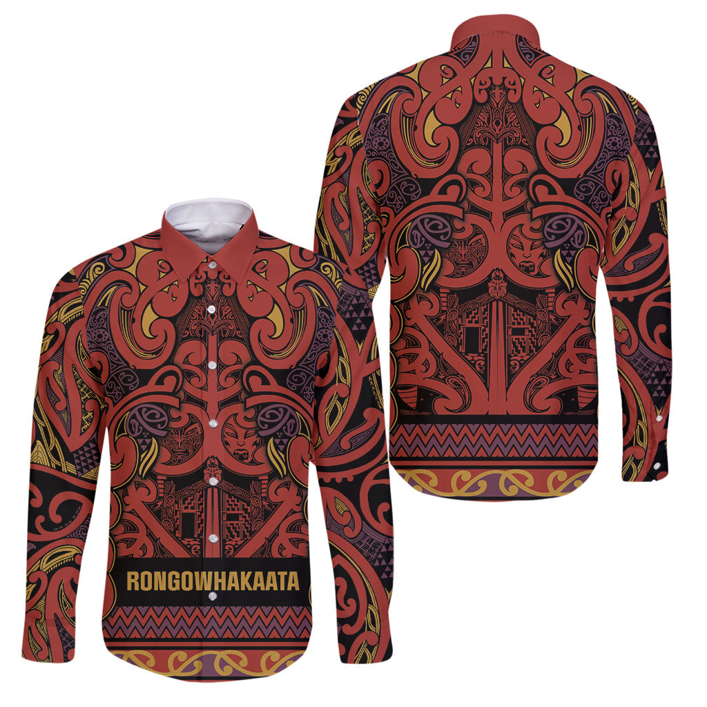 Aotearoa Iwi Rongowhakaata Family Matching Off Shoulder Short Dress and Hawaiian Shirt Maori Wharenui House Tribal Pattern LT9 Dad's Shirt - Long Sleeve Brick Red - Polynesian Pride