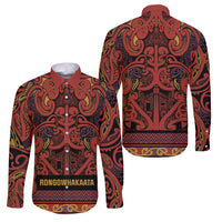 Aotearoa Iwi Rongowhakaata Family Matching Off Shoulder Short Dress and Hawaiian Shirt Maori Wharenui House Tribal Pattern LT9 Dad's Shirt - Long Sleeve Brick Red - Polynesian Pride