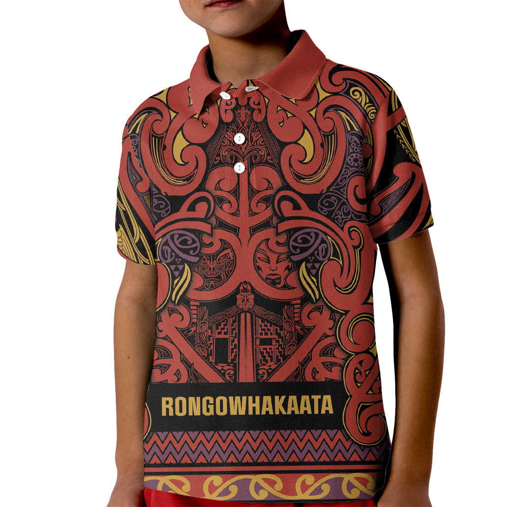 Aotearoa Iwi Rongowhakaata Kid Polo Shirt Maori Wharenui House Tribal Pattern LT9 Kid Brick Red - Polynesian Pride