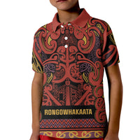 Aotearoa Iwi Rongowhakaata Kid Polo Shirt Maori Wharenui House Tribal Pattern LT9 Kid Brick Red - Polynesian Pride