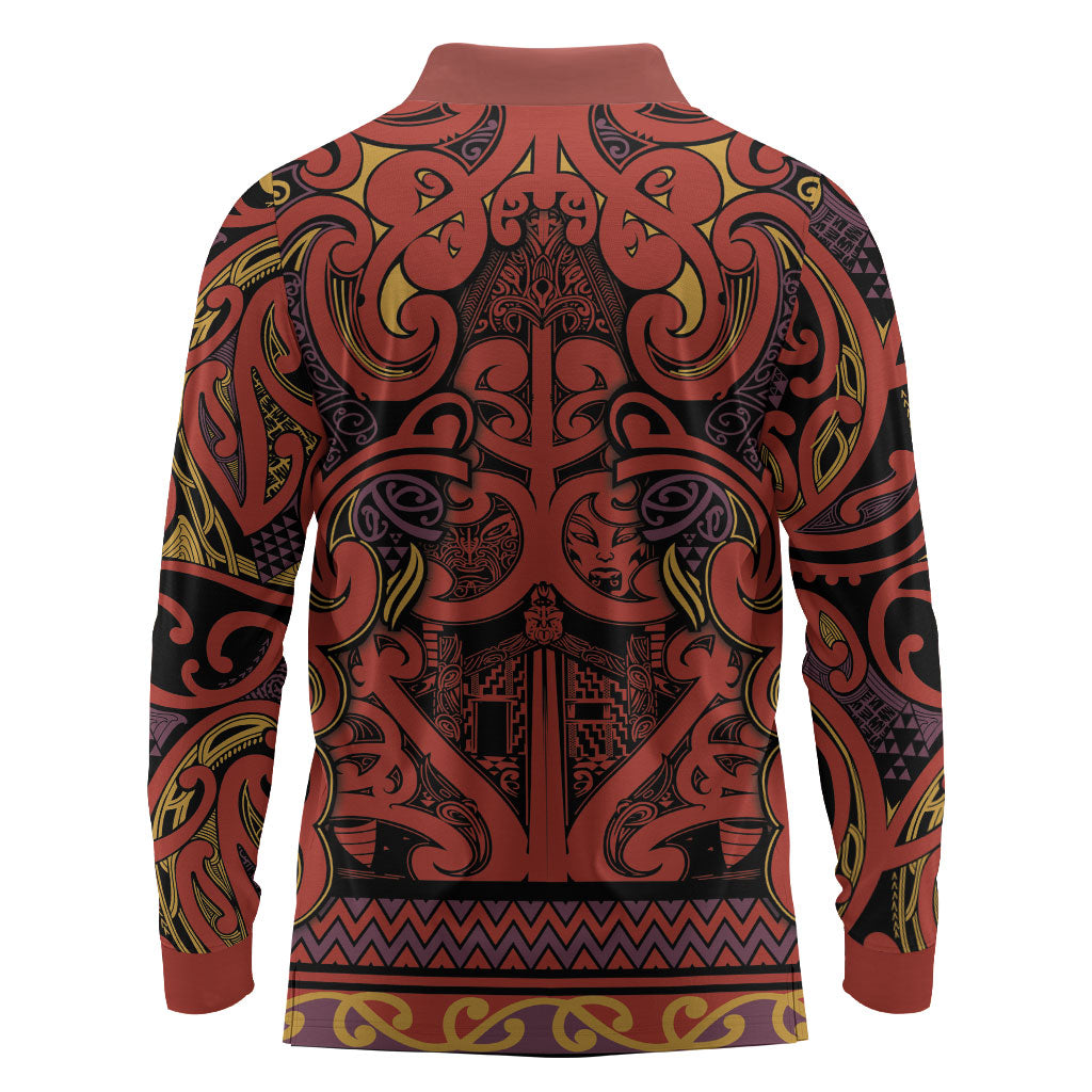 Aotearoa Iwi Rongowhakaata Long Sleeve Polo Shirt Maori Wharenui House Tribal Pattern LT9 - Polynesian Pride