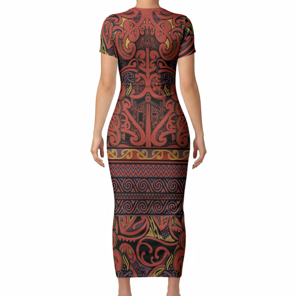 Aotearoa Iwi Rongowhakaata Short Sleeve Bodycon Dress Maori Wharenui House Tribal Pattern LT9 - Polynesian Pride
