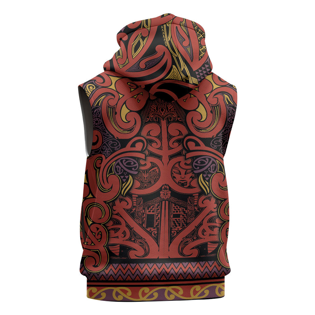 Aotearoa Iwi Rongowhakaata Sleeveless Zip Hoodie Maori Wharenui House Tribal Pattern LT9 - Polynesian Pride
