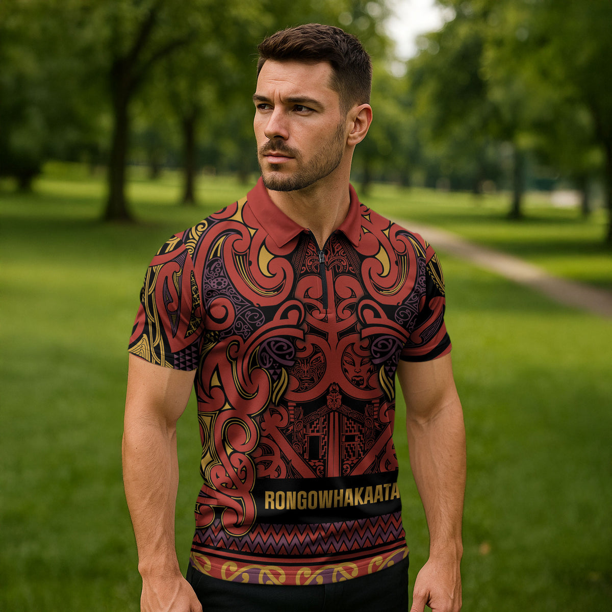 Aotearoa Iwi Rongowhakaata Zipper Polo Shirt Maori Wharenui House Tribal Pattern LT9 - Polynesian Pride