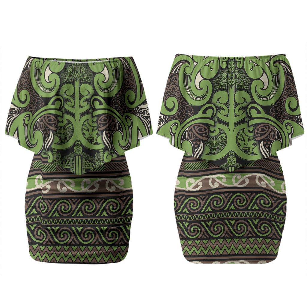 Aotearoa Iwi Ngati Raukawa Family Matching Off Shoulder Short Dress and Hawaiian Shirt Maori Wharenui House Tribal Pattern LT9 Mom's Dress Olive green - Polynesian Pride