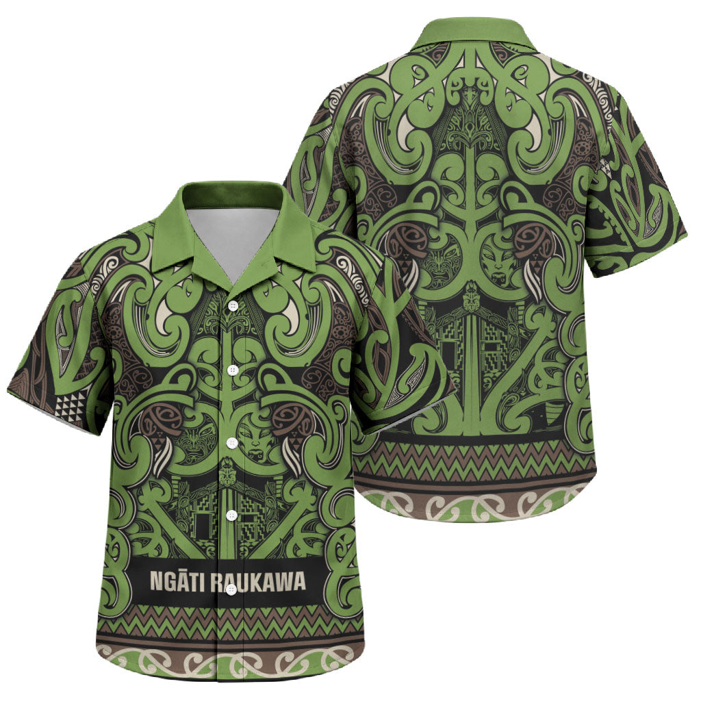 Aotearoa Iwi Ngati Raukawa Family Matching Off Shoulder Short Dress and Hawaiian Shirt Maori Wharenui House Tribal Pattern LT9 Son's Shirt Olive green - Polynesian Pride