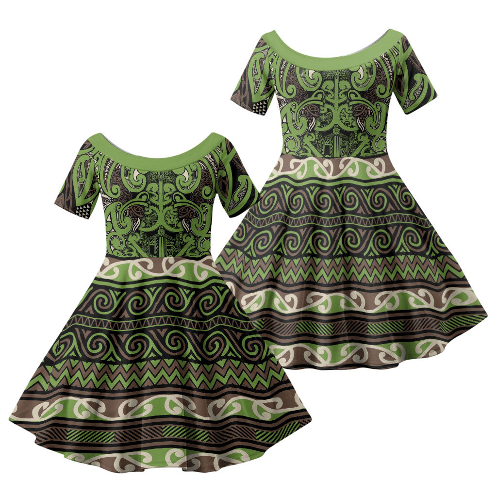 Aotearoa Iwi Ngati Raukawa Family Matching Summer Maxi Dress and Hawaiian Shirt Maori Wharenui House Tribal Pattern LT9 Daughter's Dress Olive green - Polynesian Pride