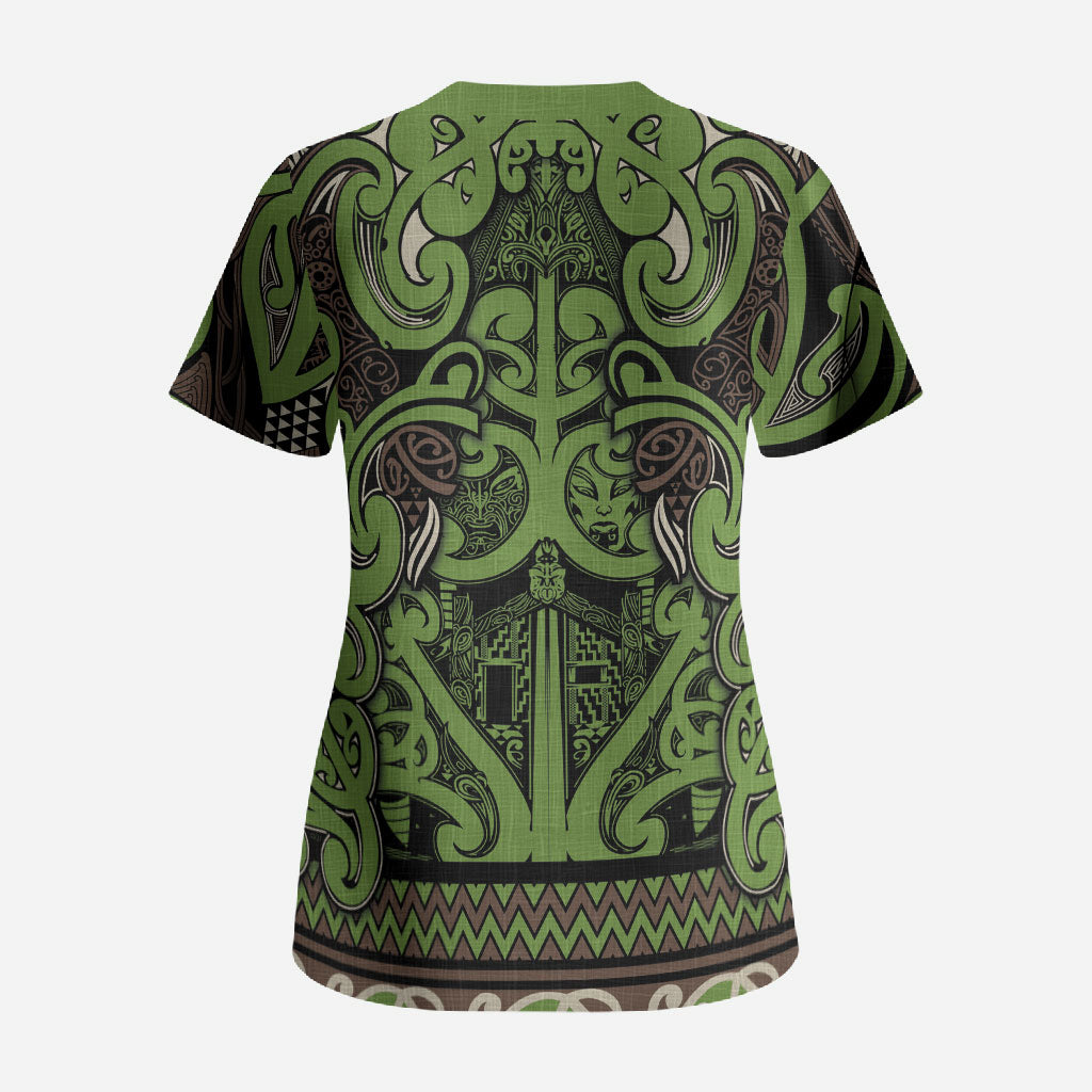 Aotearoa Iwi Ngati Raukawa Scrub Top Maori Wharenui House Tribal Pattern LT9 - Polynesian Pride