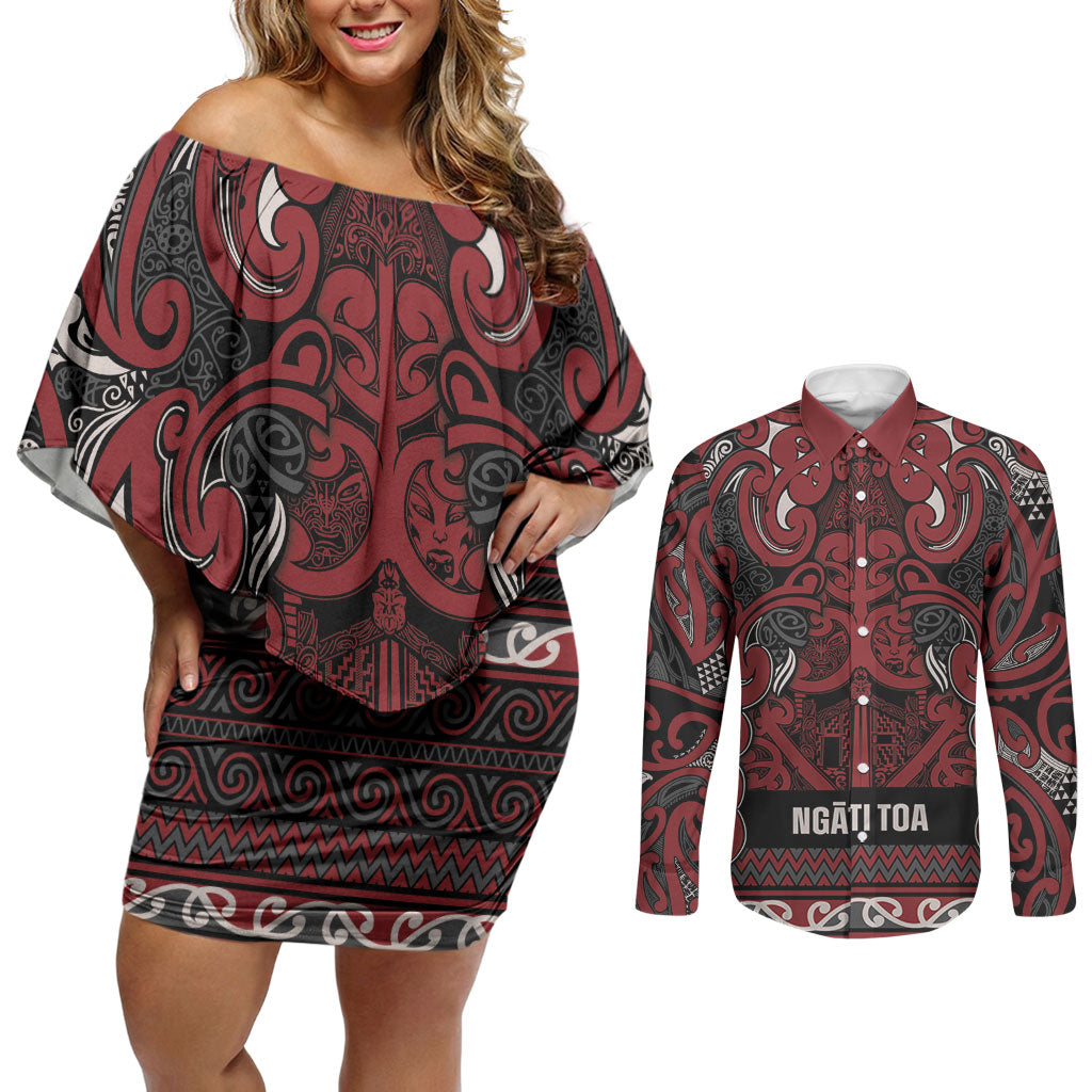 Aotearoa Iwi Ngati Toa Couples Matching Off Shoulder Short Dress and Long Sleeve Button Shirt Maori Wharenui House Tribal Pattern LT9 Dark Red - Polynesian Pride