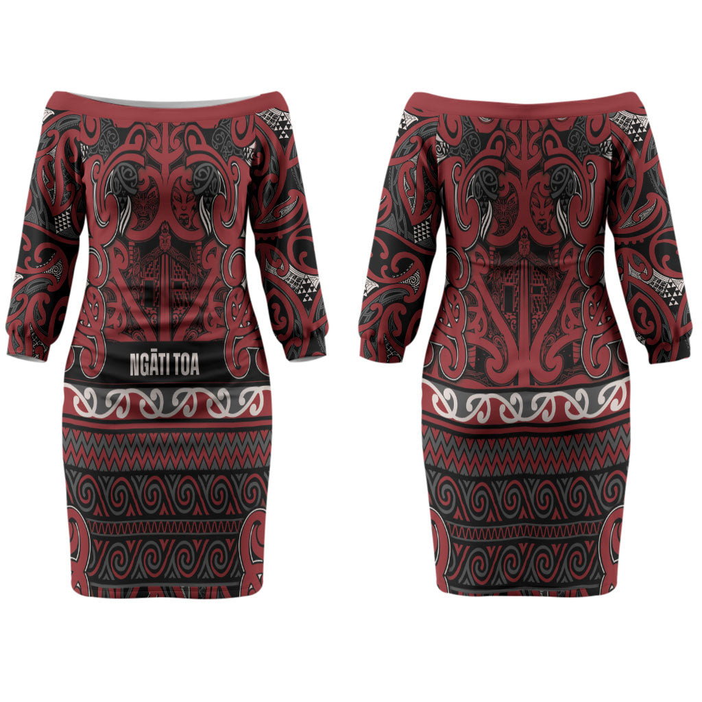 Aotearoa Iwi Ngati Toa Couples Matching Off The Shoulder Long Sleeve Dress and Hawaiian Shirt Maori Wharenui House Tribal Pattern LT9 - Polynesian Pride