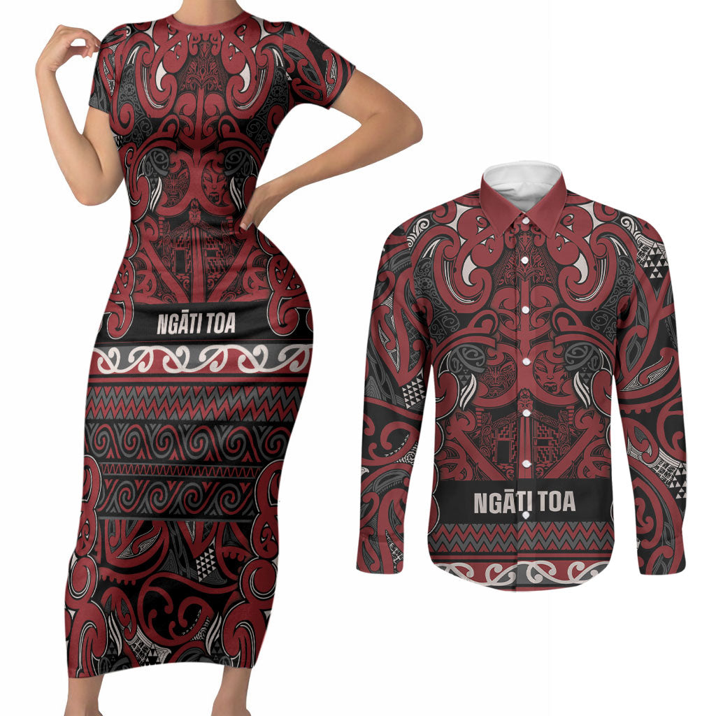 Aotearoa Iwi Ngati Toa Couples Matching Short Sleeve Bodycon Dress and Long Sleeve Button Shirt Maori Wharenui House Tribal Pattern LT9 Dark Red - Polynesian Pride