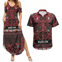 Aotearoa Iwi Ngati Toa Couples Matching Summer Maxi Dress and Hawaiian Shirt Maori Wharenui House Tribal Pattern LT9 Dark Red - Polynesian Pride