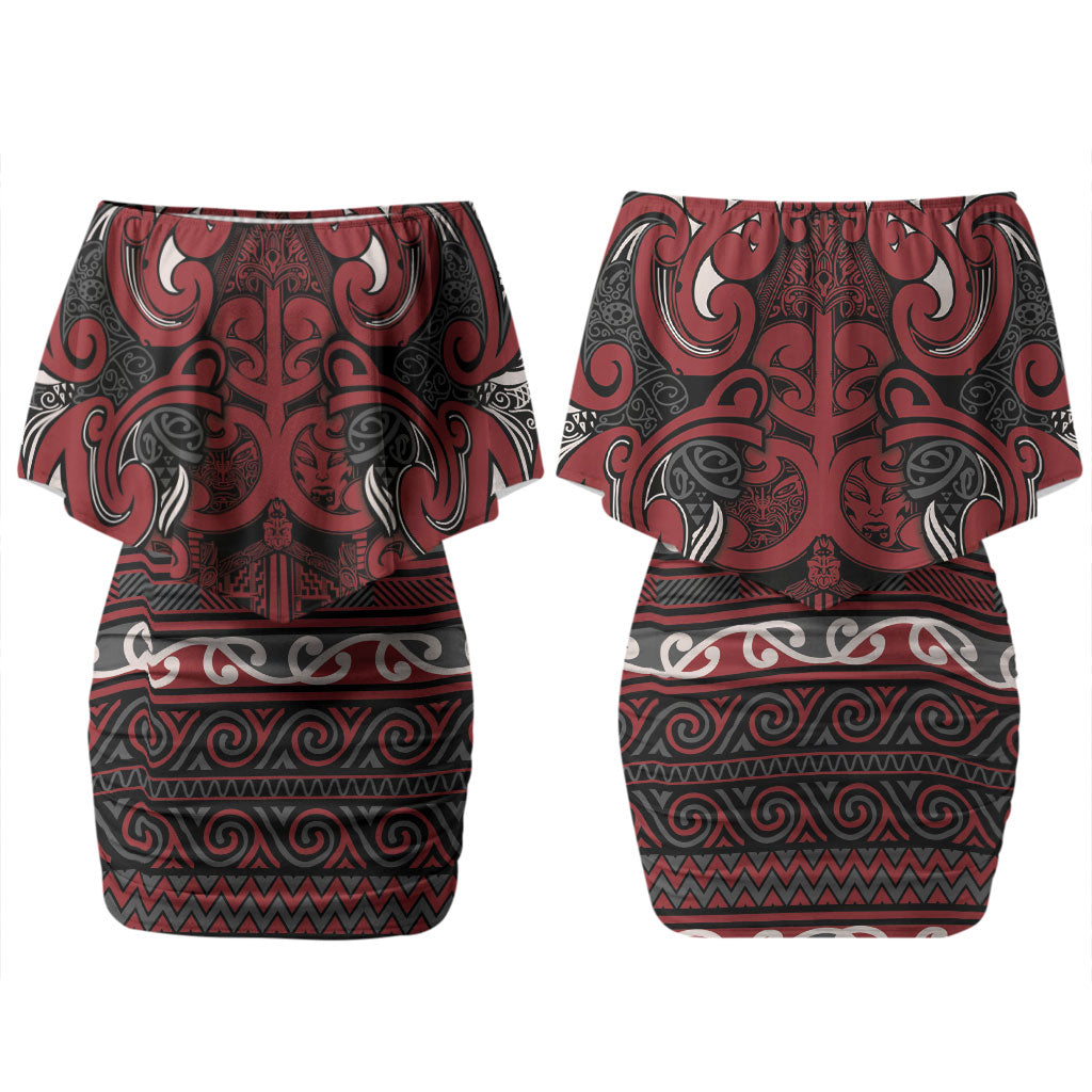 Aotearoa Iwi Ngati Toa Family Matching Off Shoulder Short Dress and Hawaiian Shirt Maori Wharenui House Tribal Pattern LT9 Mom's Dress Dark Red - Polynesian Pride