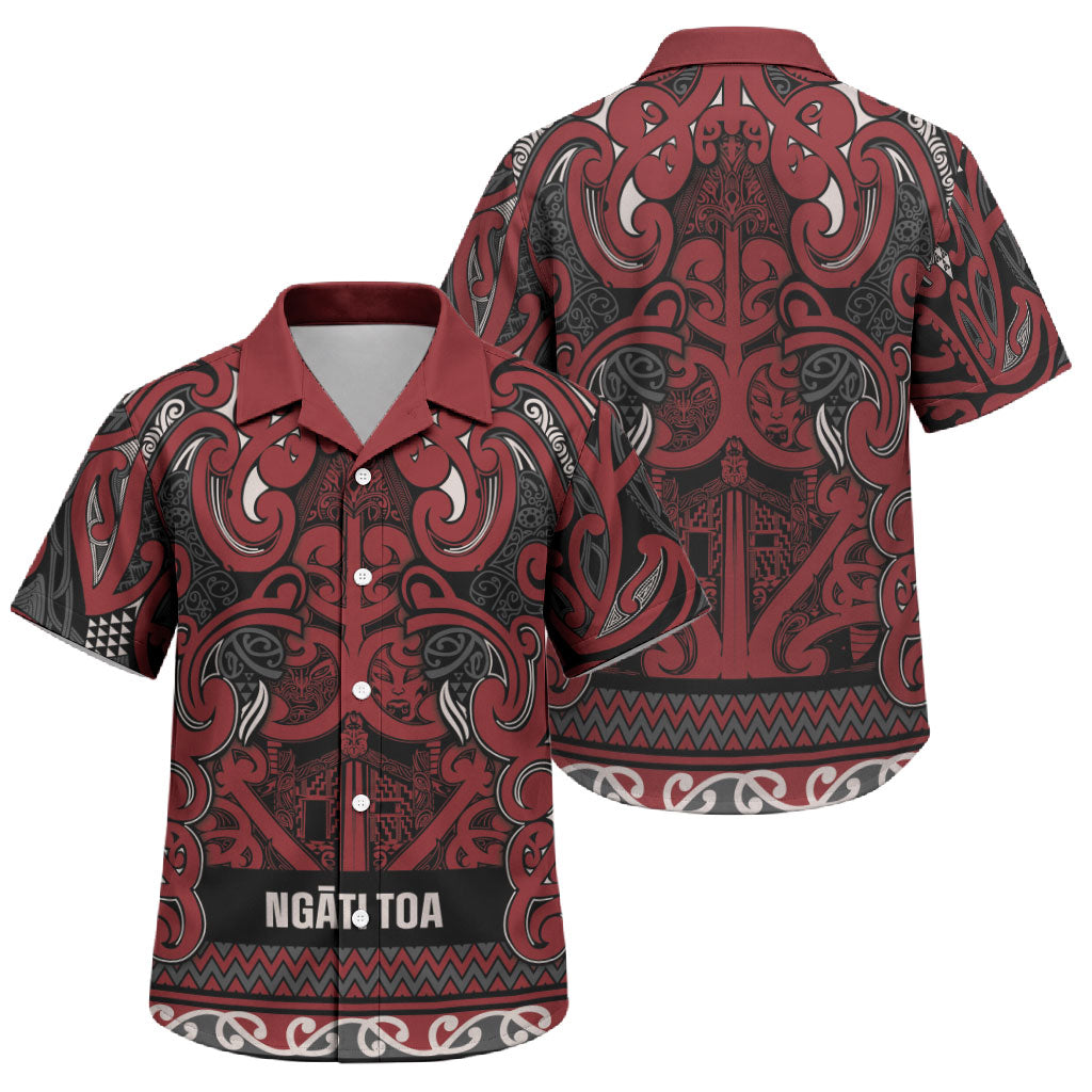 Aotearoa Iwi Ngati Toa Family Matching Off Shoulder Short Dress and Hawaiian Shirt Maori Wharenui House Tribal Pattern LT9 Son's Shirt Dark Red - Polynesian Pride