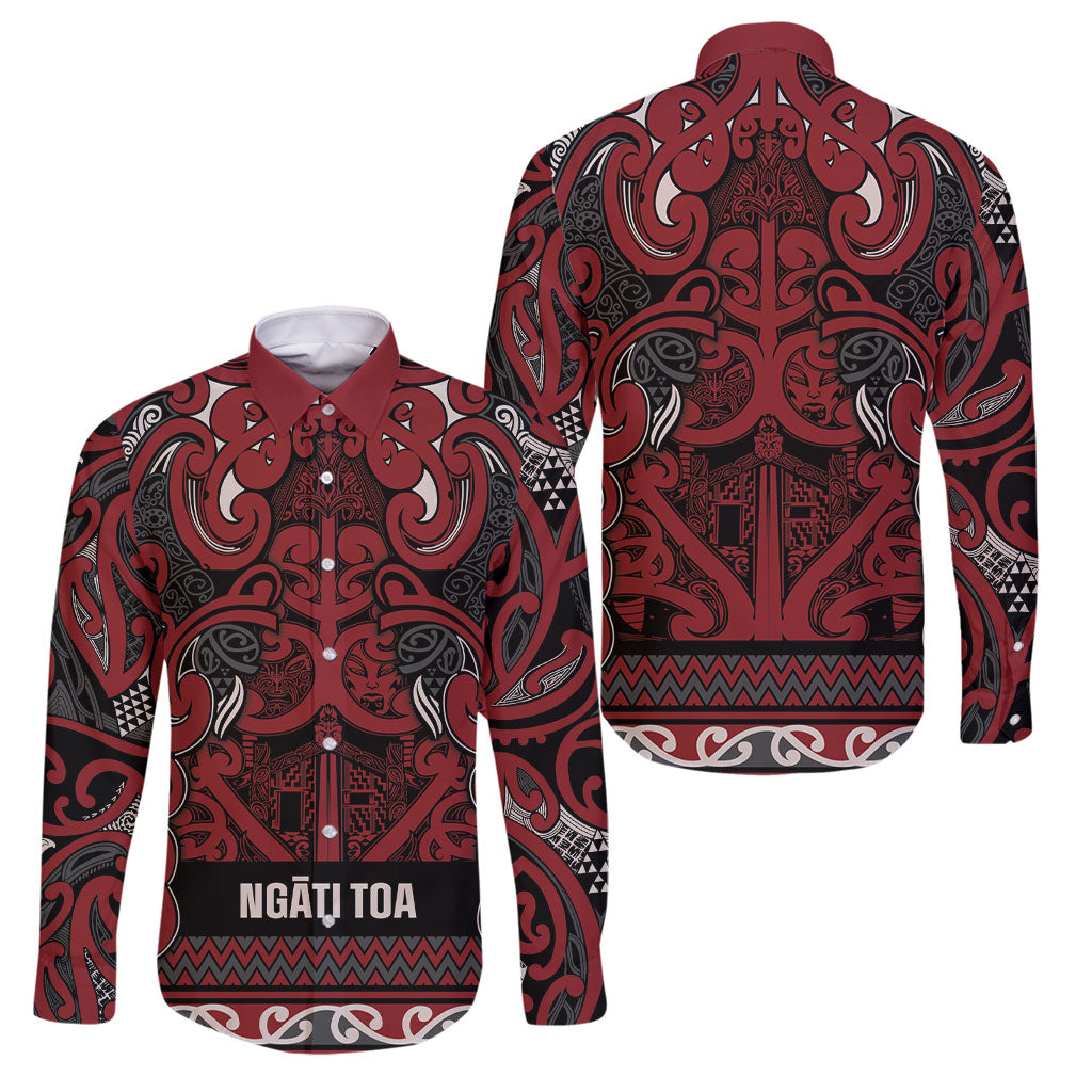 Aotearoa Iwi Ngati Toa Family Matching Tank Maxi Dress and Hawaiian Shirt Maori Wharenui House Tribal Pattern LT9 Dad's Shirt - Long Sleeve Dark Red - Polynesian Pride