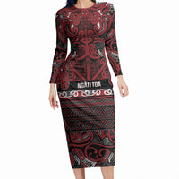 Aotearoa Iwi Ngati Toa Long Sleeve Bodycon Dress Maori Wharenui House Tribal Pattern LT9 Long Dress Dark Red - Polynesian Pride