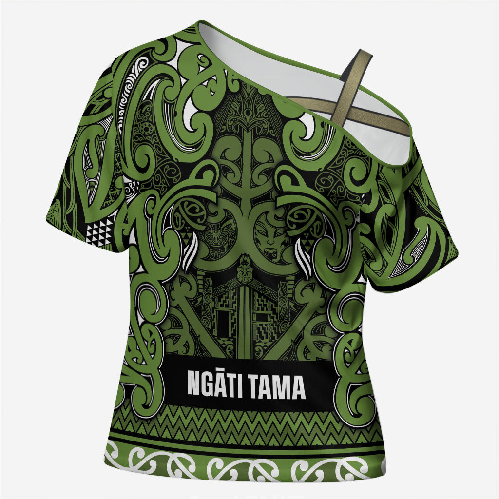 Aotearoa Iwi Ngāti Tama ki Taranaki Trust Cross Shoulder Shirt Maori Wharenui House Tribal Pattern LT9 Female Lime - Polynesian Pride