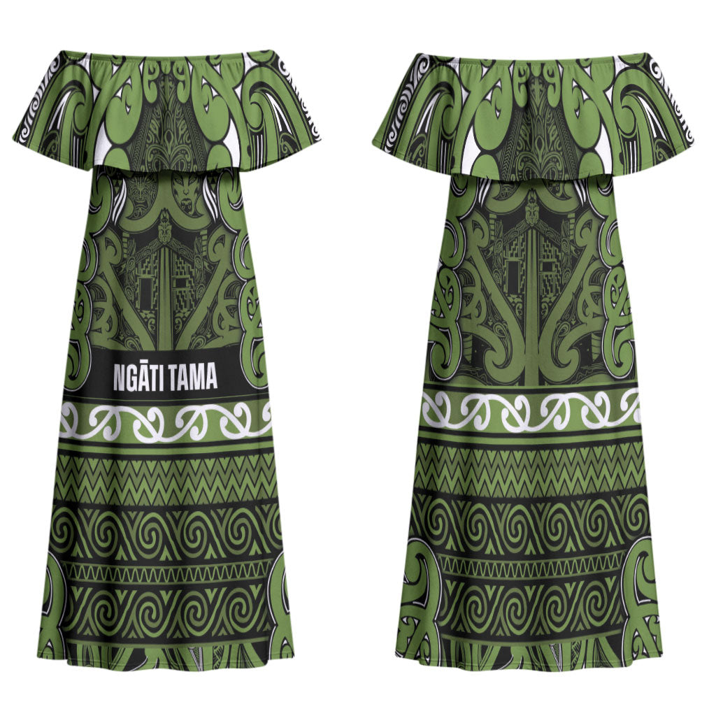Aotearoa Iwi Ngāti Tama ki Taranaki Trust Family Matching Off Shoulder Maxi Dress and Hawaiian Shirt Maori Wharenui House Tribal Pattern LT9 Mom's Dress Lime - Polynesian Pride