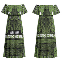Aotearoa Iwi Ngāti Tama ki Taranaki Trust Family Matching Off Shoulder Maxi Dress and Hawaiian Shirt Maori Wharenui House Tribal Pattern LT9 Mom's Dress Lime - Polynesian Pride