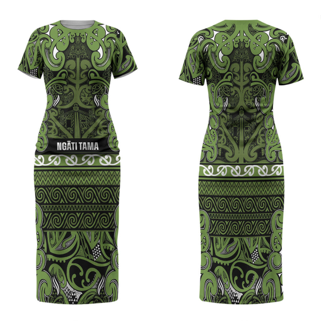 Aotearoa Iwi Ngāti Tama ki Taranaki Trust Family Matching Short Sleeve Bodycon Dress and Hawaiian Shirt Maori Wharenui House Tribal Pattern LT9 Mom's Dress Lime - Polynesian Pride