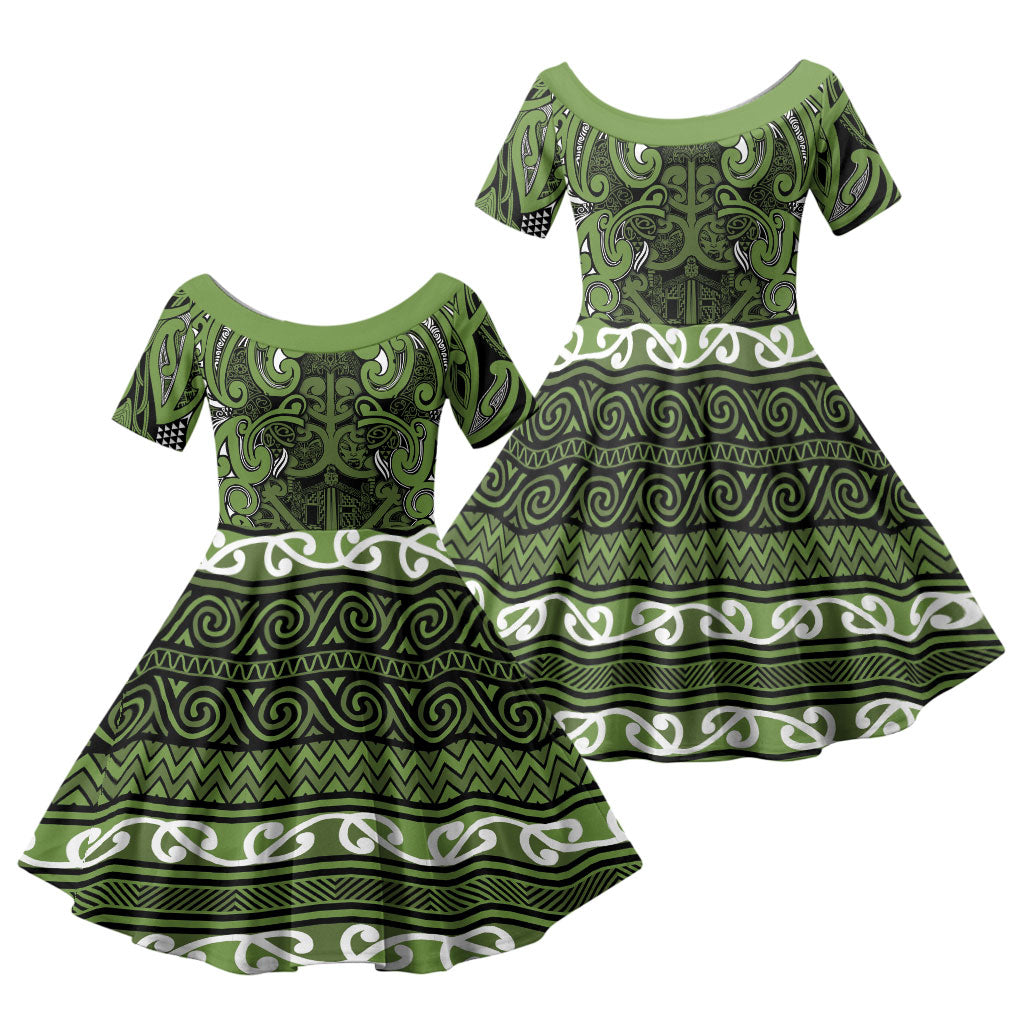 Aotearoa Iwi Ngāti Tama ki Taranaki Trust Family Matching Short Sleeve Bodycon Dress and Hawaiian Shirt Maori Wharenui House Tribal Pattern LT9 Daughter's Dress Lime - Polynesian Pride