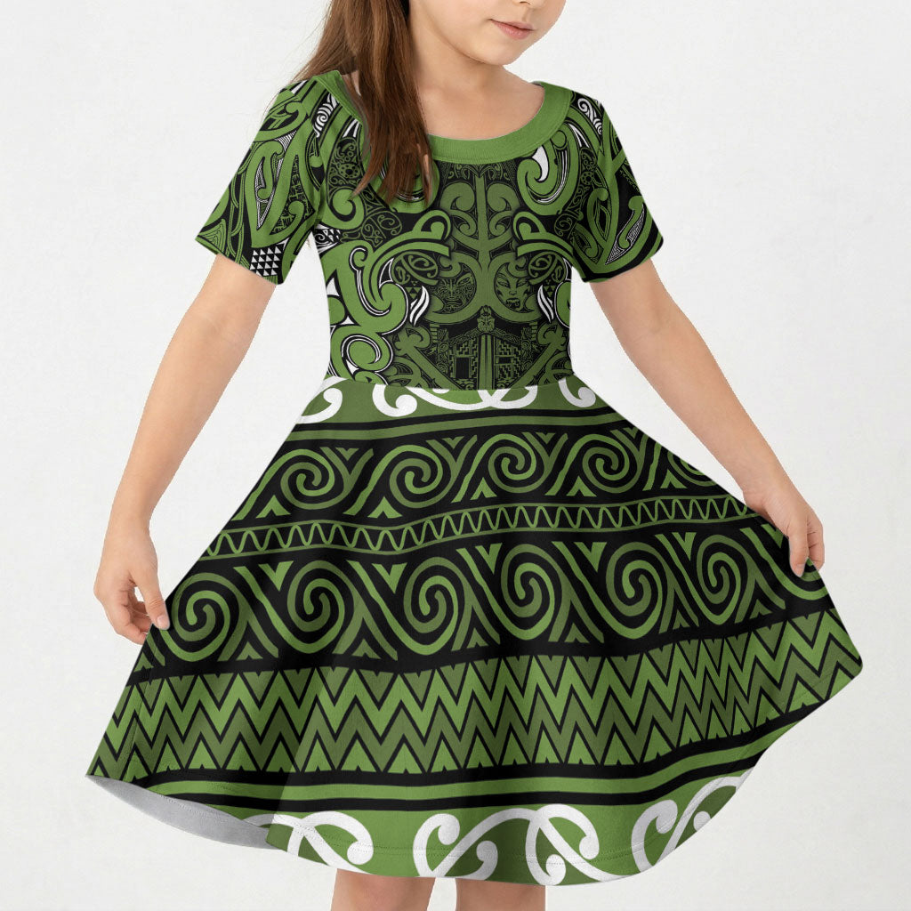 Aotearoa Iwi Ngāti Tama ki Taranaki Trust Kid Short Sleeve Dress Maori Wharenui House Tribal Pattern LT9 KID Lime - Polynesian Pride