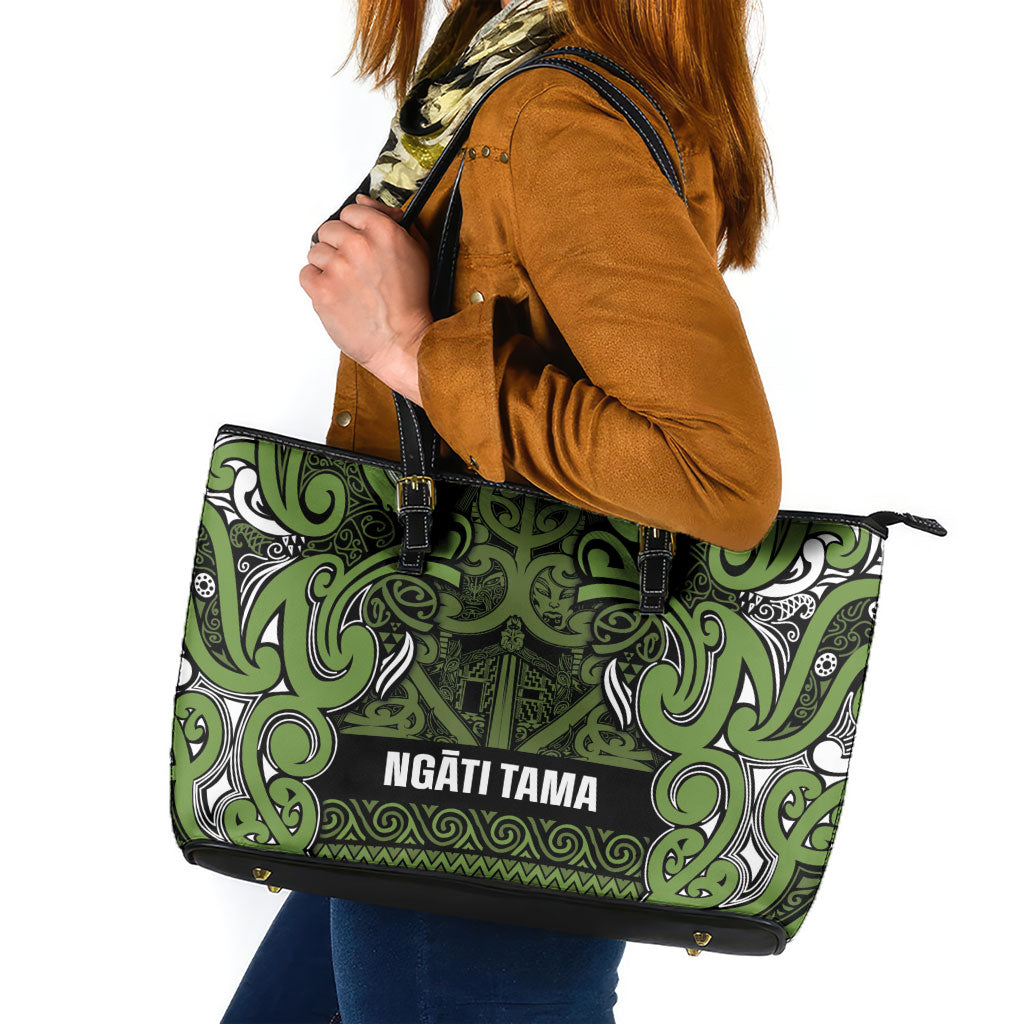 Aotearoa Iwi Ngāti Tama ki Taranaki Trust Leather Tote Bag Maori Wharenui House Tribal Pattern LT9 Lime - Polynesian Pride