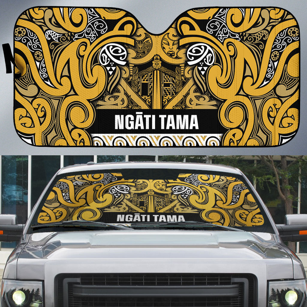 Aotearoa Iwi Ngāti Tama ki Te Waipounamu Trust Auto Sun Shade Maori Wharenui House Tribal Pattern LT9 Gold - Polynesian Pride