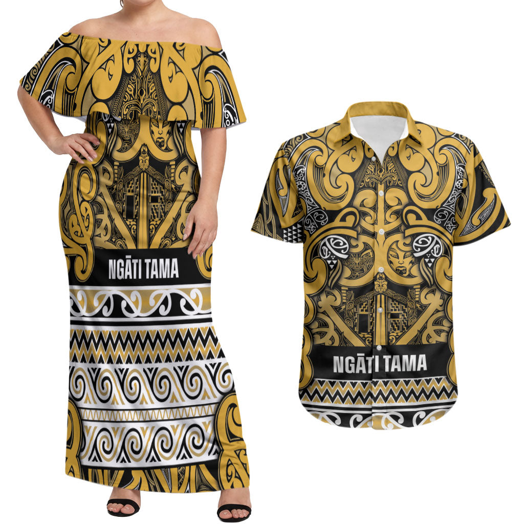 Aotearoa Iwi Ngāti Tama ki Te Waipounamu Trust Couples Matching Off Shoulder Maxi Dress and Hawaiian Shirt Maori Wharenui House Tribal Pattern LT9 Gold - Polynesian Pride