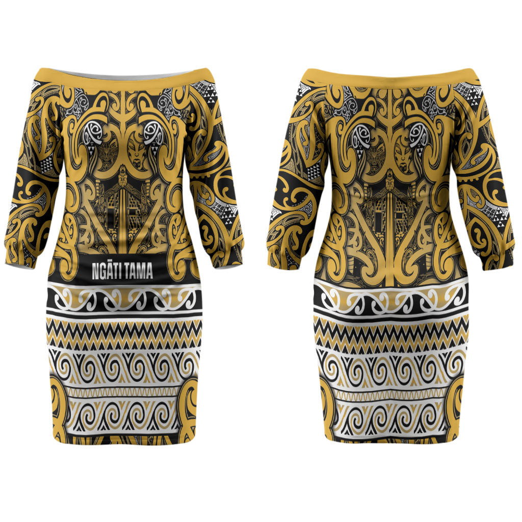 Aotearoa Iwi Ngāti Tama ki Te Waipounamu Trust Couples Matching Off The Shoulder Long Sleeve Dress and Hawaiian Shirt Maori Wharenui House Tribal Pattern LT9 - Polynesian Pride