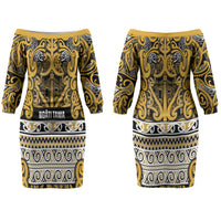 Aotearoa Iwi Ngāti Tama ki Te Waipounamu Trust Couples Matching Off The Shoulder Long Sleeve Dress and Hawaiian Shirt Maori Wharenui House Tribal Pattern LT9 - Polynesian Pride