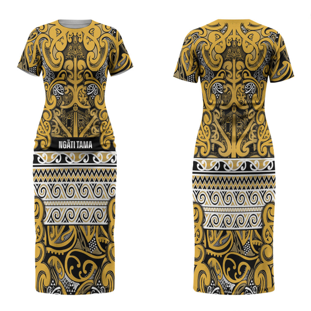 Aotearoa Iwi Ngāti Tama ki Te Waipounamu Trust Couples Matching Short Sleeve Bodycon Dress and Long Sleeve Button Shirt Maori Wharenui House Tribal Pattern LT9 - Polynesian Pride