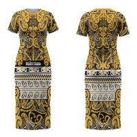 Aotearoa Iwi Ngāti Tama ki Te Waipounamu Trust Couples Matching Short Sleeve Bodycon Dress and Long Sleeve Button Shirt Maori Wharenui House Tribal Pattern LT9 - Polynesian Pride