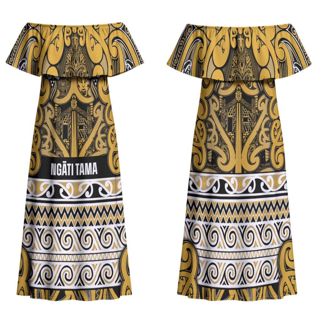 Aotearoa Iwi Ngāti Tama ki Te Waipounamu Trust Family Matching Off Shoulder Maxi Dress and Hawaiian Shirt Maori Wharenui House Tribal Pattern LT9 Mom's Dress Gold - Polynesian Pride