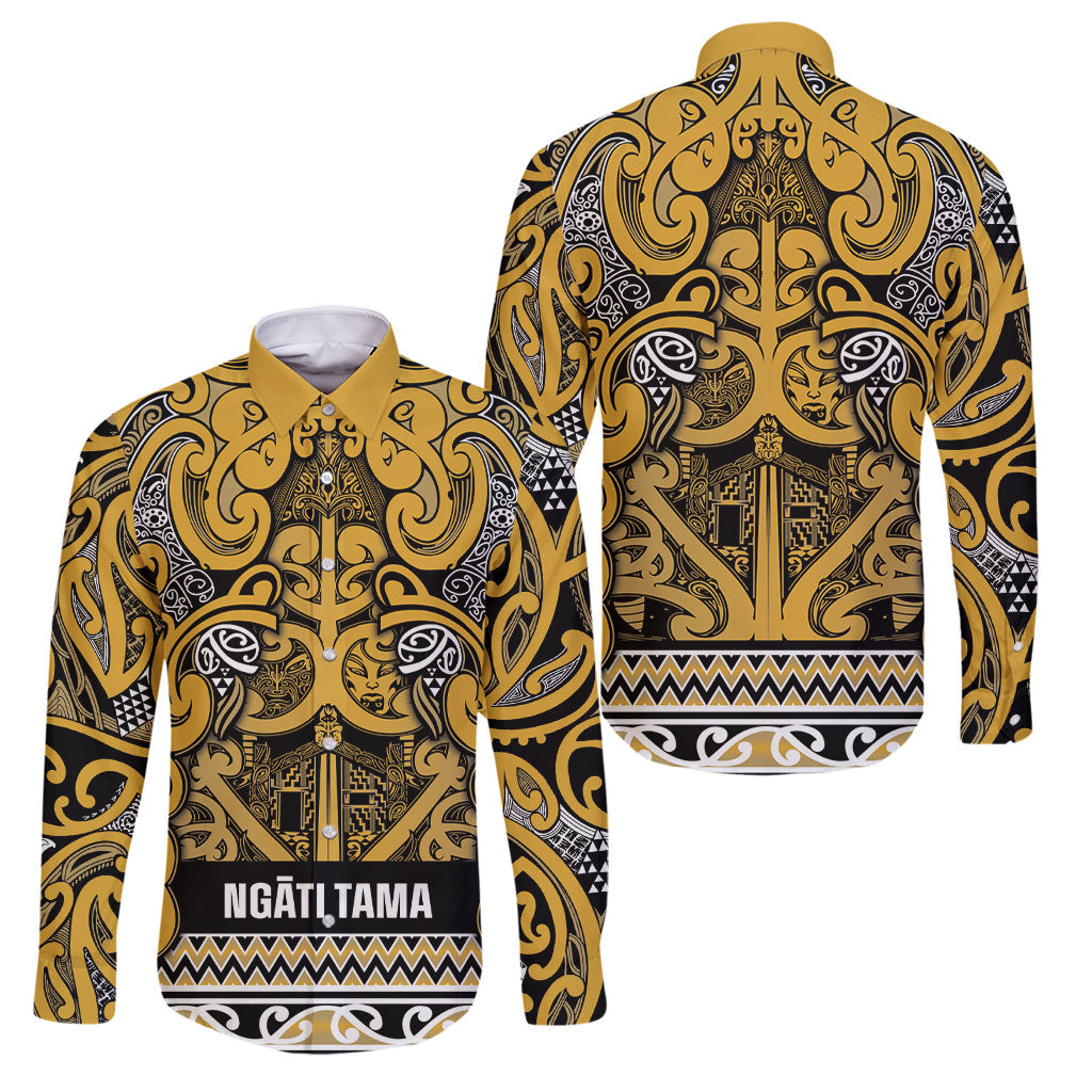 Aotearoa Iwi Ngāti Tama ki Te Waipounamu Trust Family Matching Off Shoulder Maxi Dress and Hawaiian Shirt Maori Wharenui House Tribal Pattern LT9 Dad's Shirt - Long Sleeve Gold - Polynesian Pride