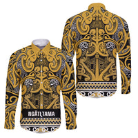 Aotearoa Iwi Ngāti Tama ki Te Waipounamu Trust Family Matching Off Shoulder Maxi Dress and Hawaiian Shirt Maori Wharenui House Tribal Pattern LT9 Dad's Shirt - Long Sleeve Gold - Polynesian Pride