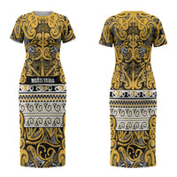 Aotearoa Iwi Ngāti Tama ki Te Waipounamu Trust Family Matching Short Sleeve Bodycon Dress and Hawaiian Shirt Maori Wharenui House Tribal Pattern LT9 Mom's Dress Gold - Polynesian Pride